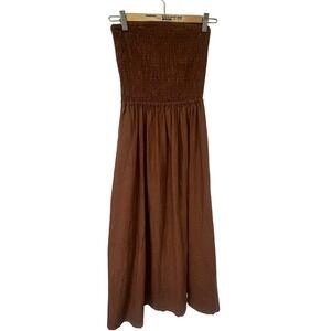 NARY NWOT Brown 100% Linen Strapless Smocked Bodice Midi Dress Women's Medium